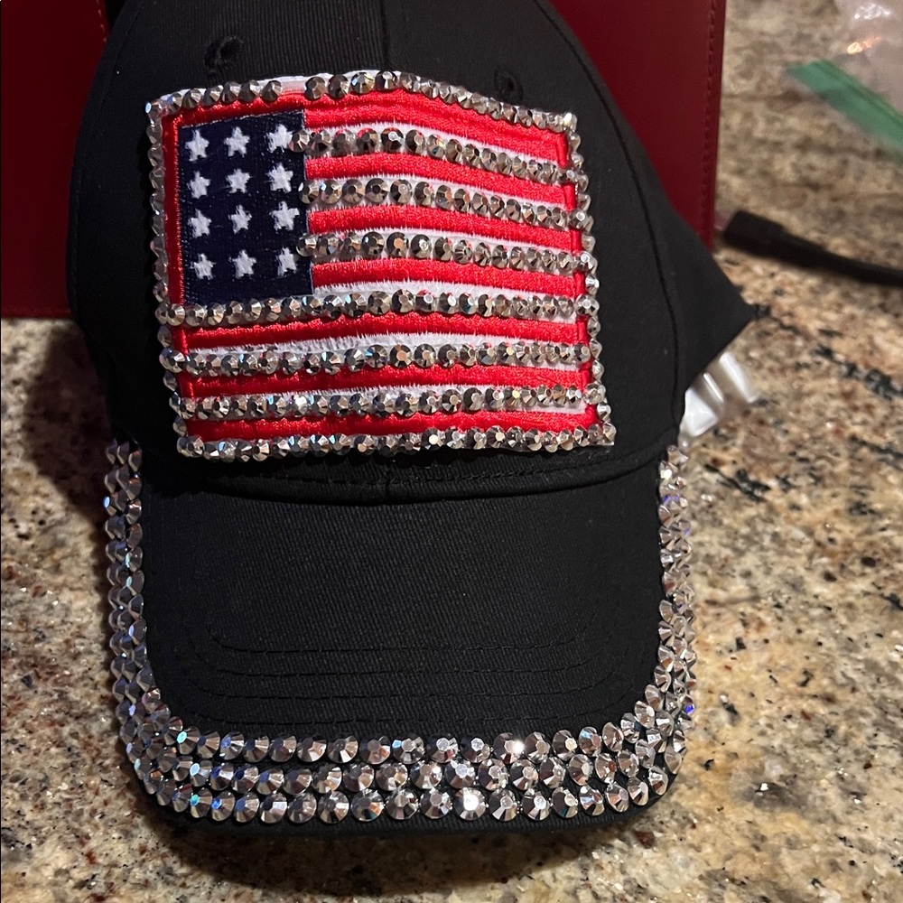 Black Cap with American Flag and Rhinestones